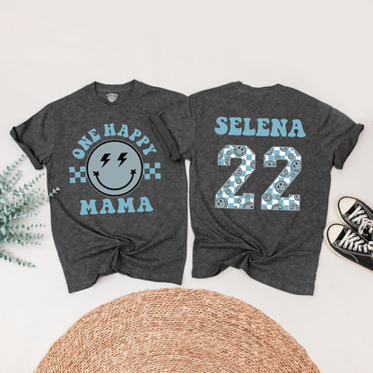 One Happy Dude 1st Birthday Outfit Matching Family Shirts Smiley Face Baby Boy Tee Muted Blue Lightning Bolt Eyes Cheerful Toddler Bodysuit Set