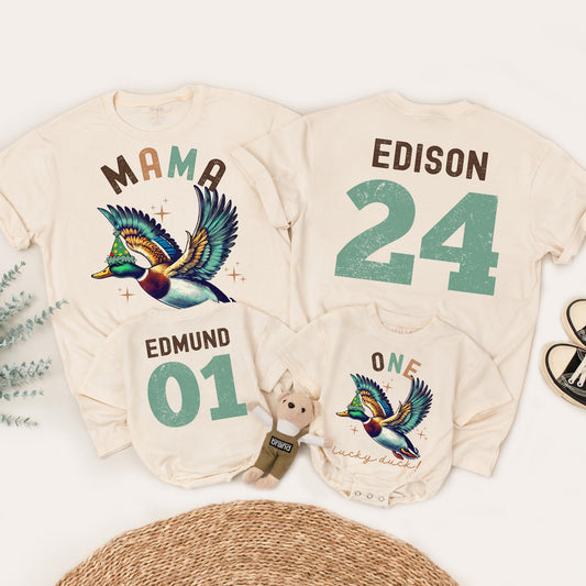 One Lucky Duck Birthday Matching Family Shirts, Vintage Duck 1st Birthday Party Outfits, Mallard Graphic Tees for Mama, Edison, and Edmund (139 chars)