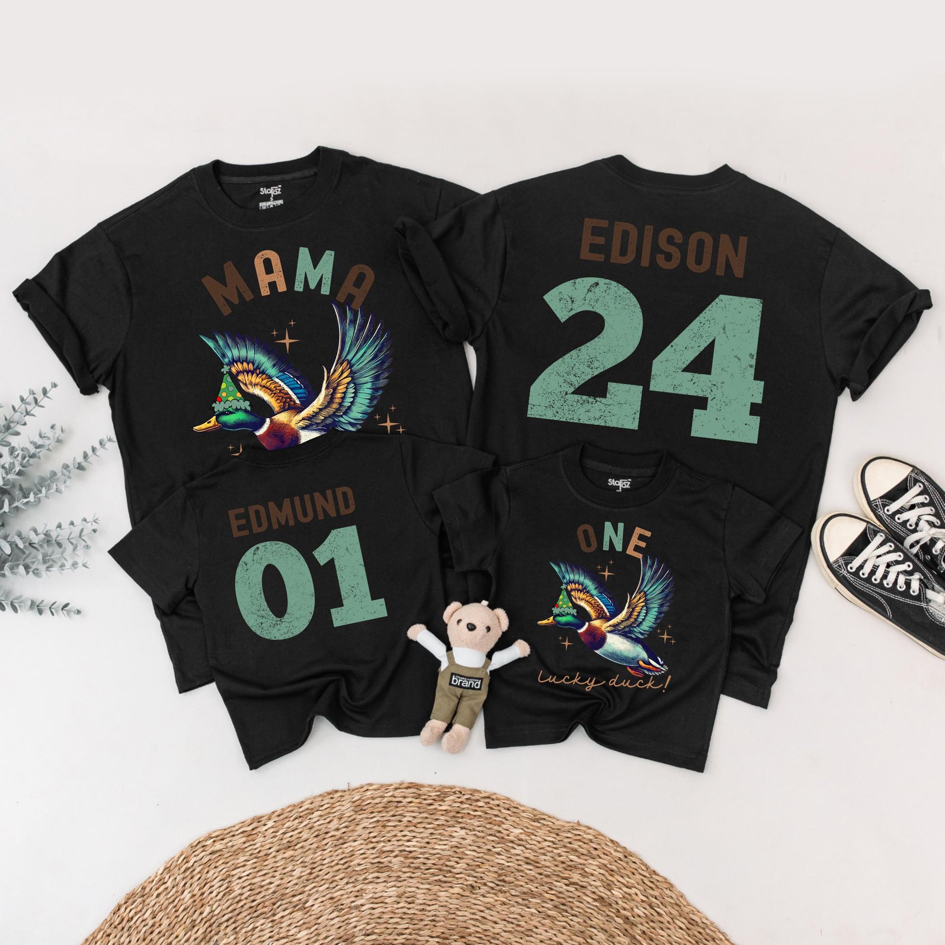 One Lucky Duck Birthday Matching Family Shirts, Vintage Duck 1st Birthday Party Outfits, Mallard Graphic Tees for Mama, Edison, and Edmund (139 chars)