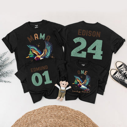 One Lucky Duck Birthday Matching Family Shirts, Vintage Duck 1st Birthday Party Outfits, Mallard Graphic Tees for Mama, Edison, and Edmund (139 chars)