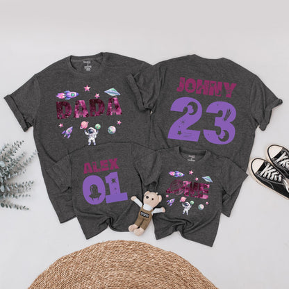Personalized Space Birthday Family Matching T-Shirt, First Trip Around the Sun, Boy's 1st Birthday, Rocket & Planets, Custom Names Ages, Astronaut Tee