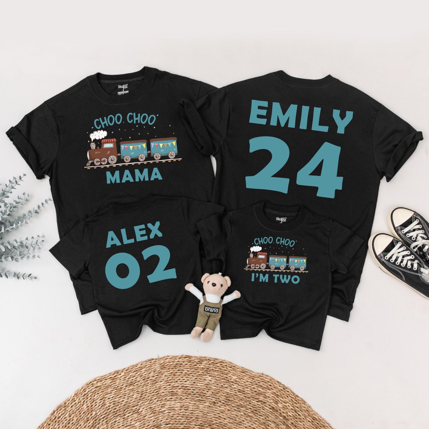 Choo Choo Two! Personalized Train Birthday Shirt for Two-Year-Olds, Playful Teal & Brown Engine Tee, Family Matching Party Outfit 2nd Bday