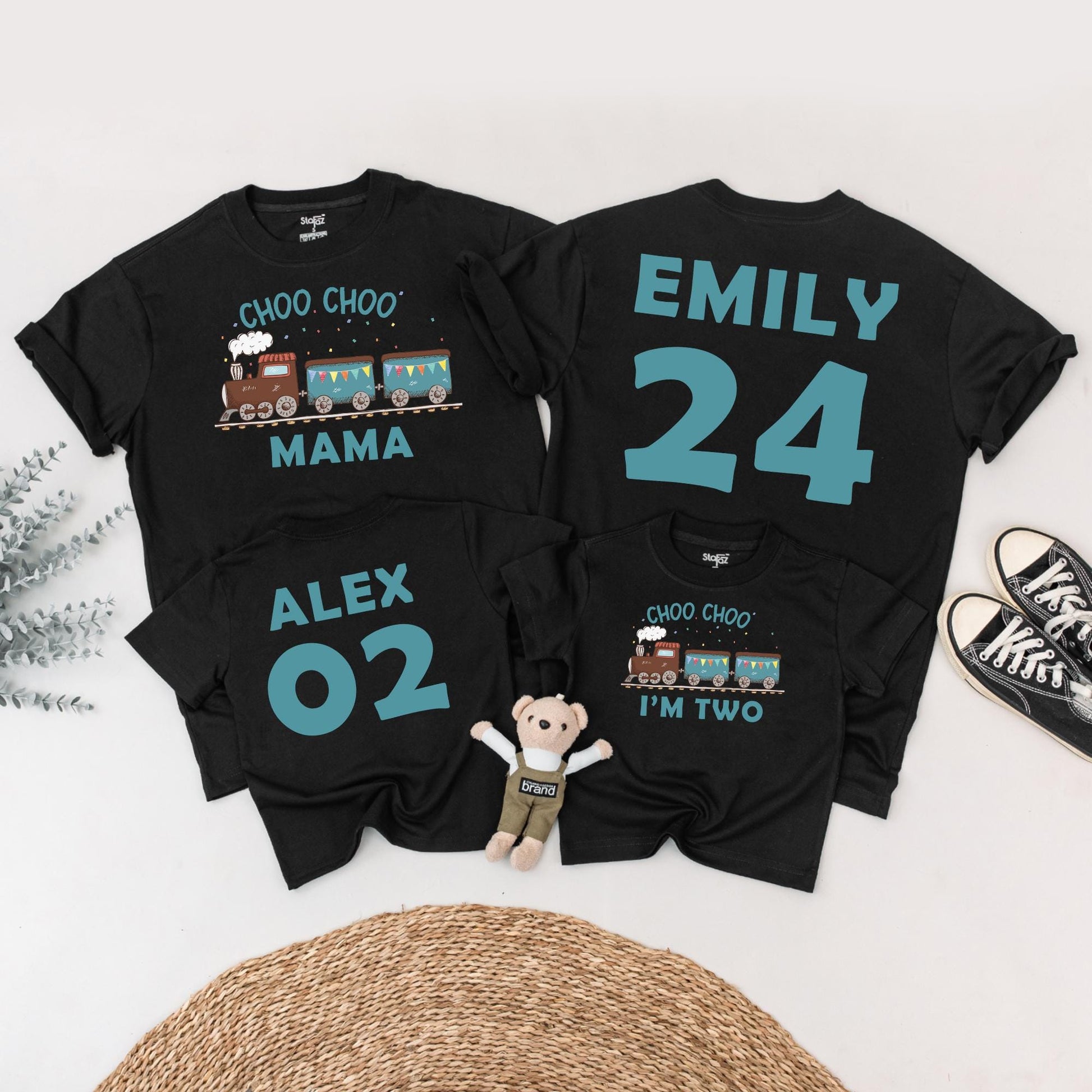 Choo Choo Two! Personalized Train Birthday Shirt for Two-Year-Olds, Playful Teal & Brown Engine Tee, Family Matching Party Outfit 2nd Bday