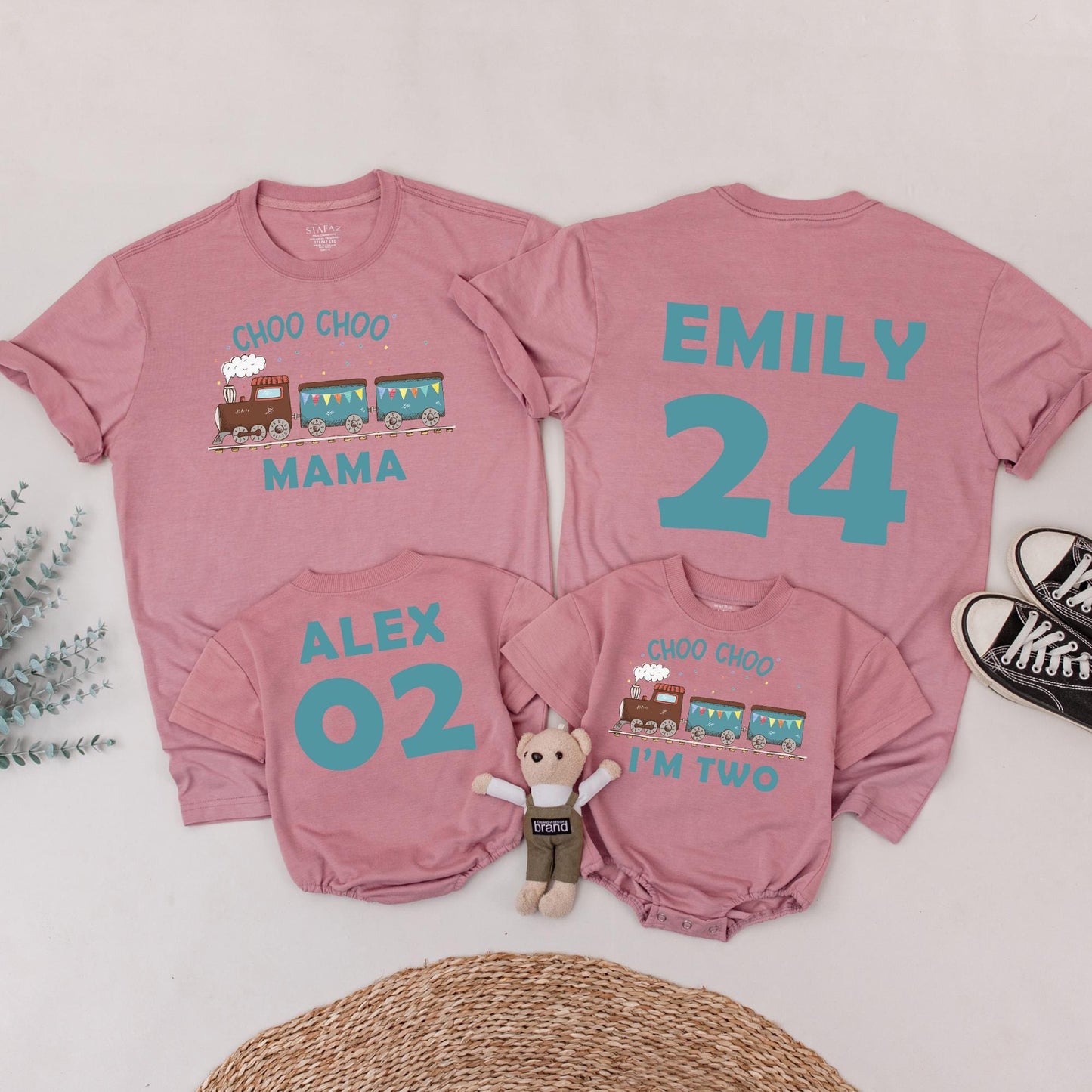 Choo Choo Two! Personalized Train Birthday Shirt for Two-Year-Olds, Playful Teal & Brown Engine Tee, Family Matching Party Outfit 2nd Bday