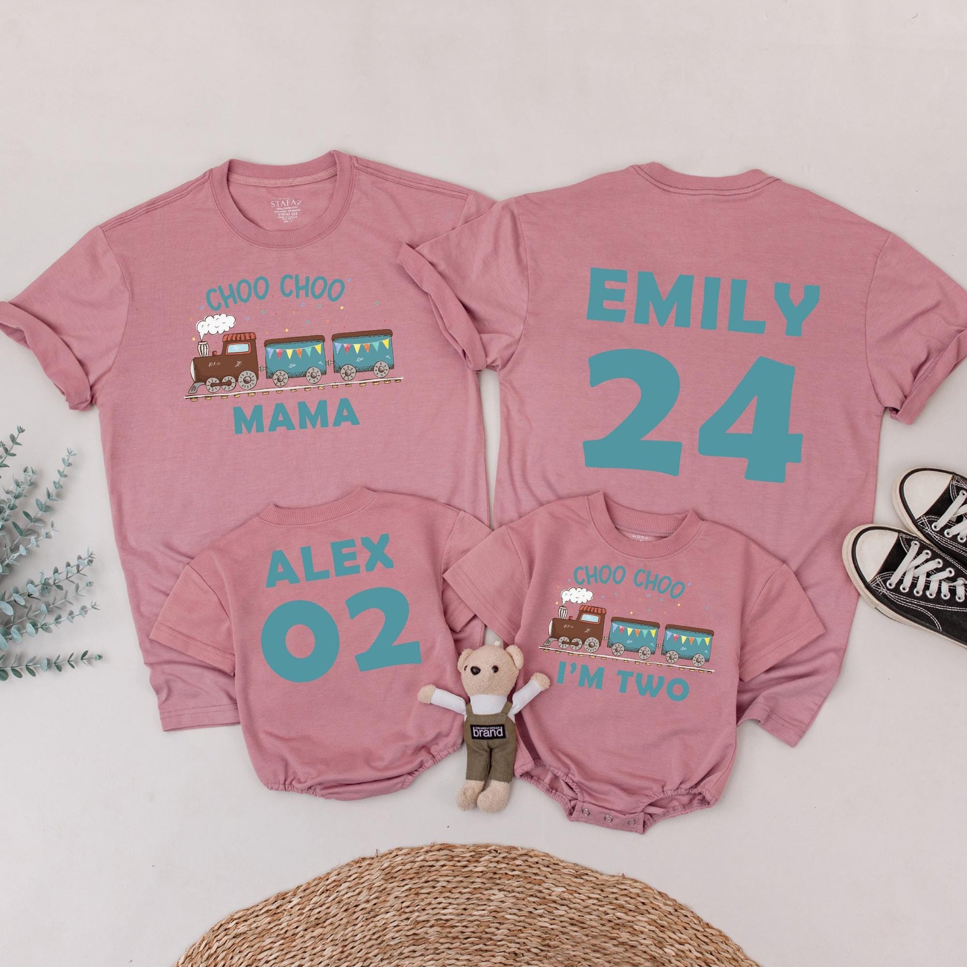 Choo Choo Two! Personalized Train Birthday Shirt for Two-Year-Olds, Playful Teal & Brown Engine Tee, Family Matching Party Outfit 2nd Bday