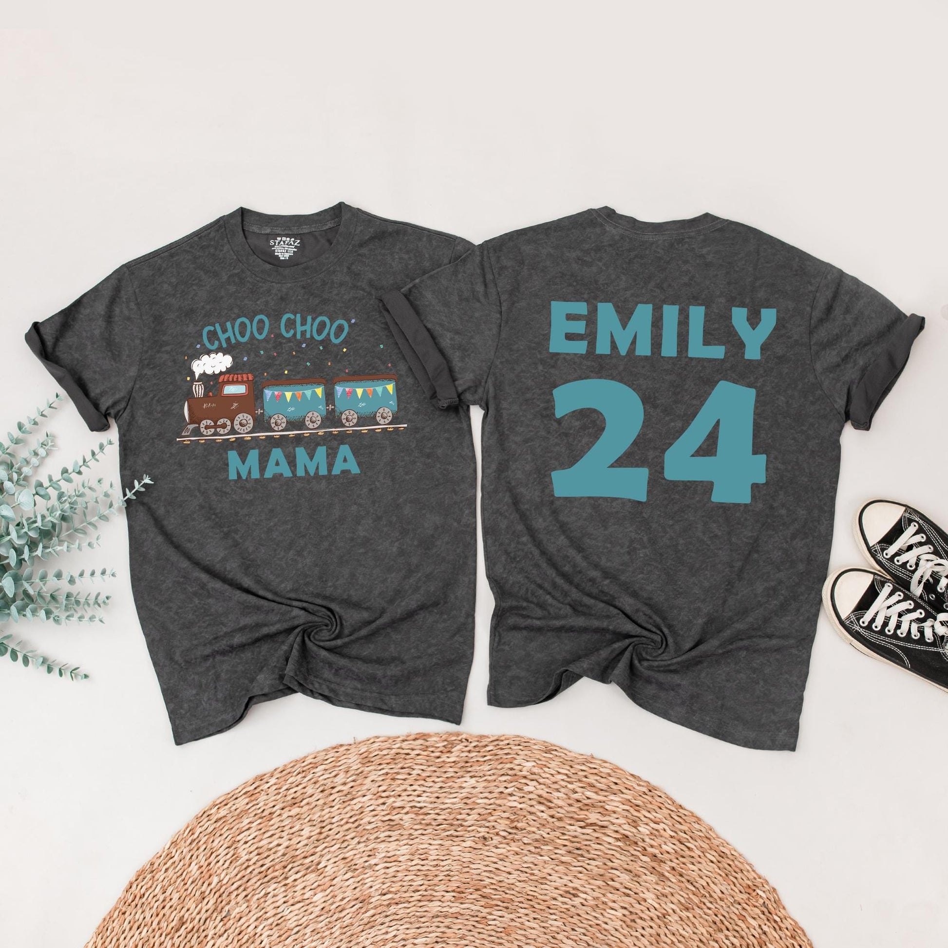 Choo Choo Two! Personalized Train Birthday Shirt for Two-Year-Olds, Playful Teal & Brown Engine Tee, Family Matching Party Outfit 2nd Bday