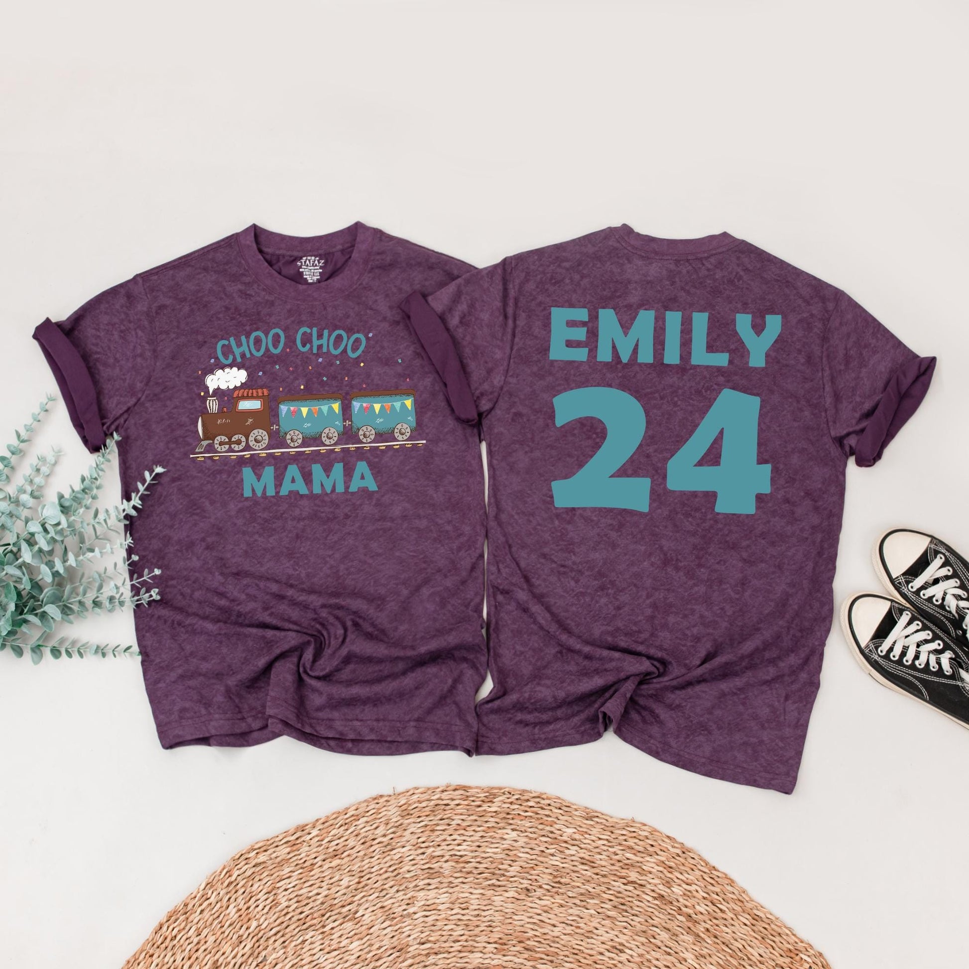 Choo Choo Two! Personalized Train Birthday Shirt for Two-Year-Olds, Playful Teal & Brown Engine Tee, Family Matching Party Outfit 2nd Bday