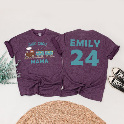 Choo Choo Two! Personalized Train Birthday Shirt for Two-Year-Olds, Playful Teal & Brown Engine Tee, Family Matching Party Outfit 2nd Bday