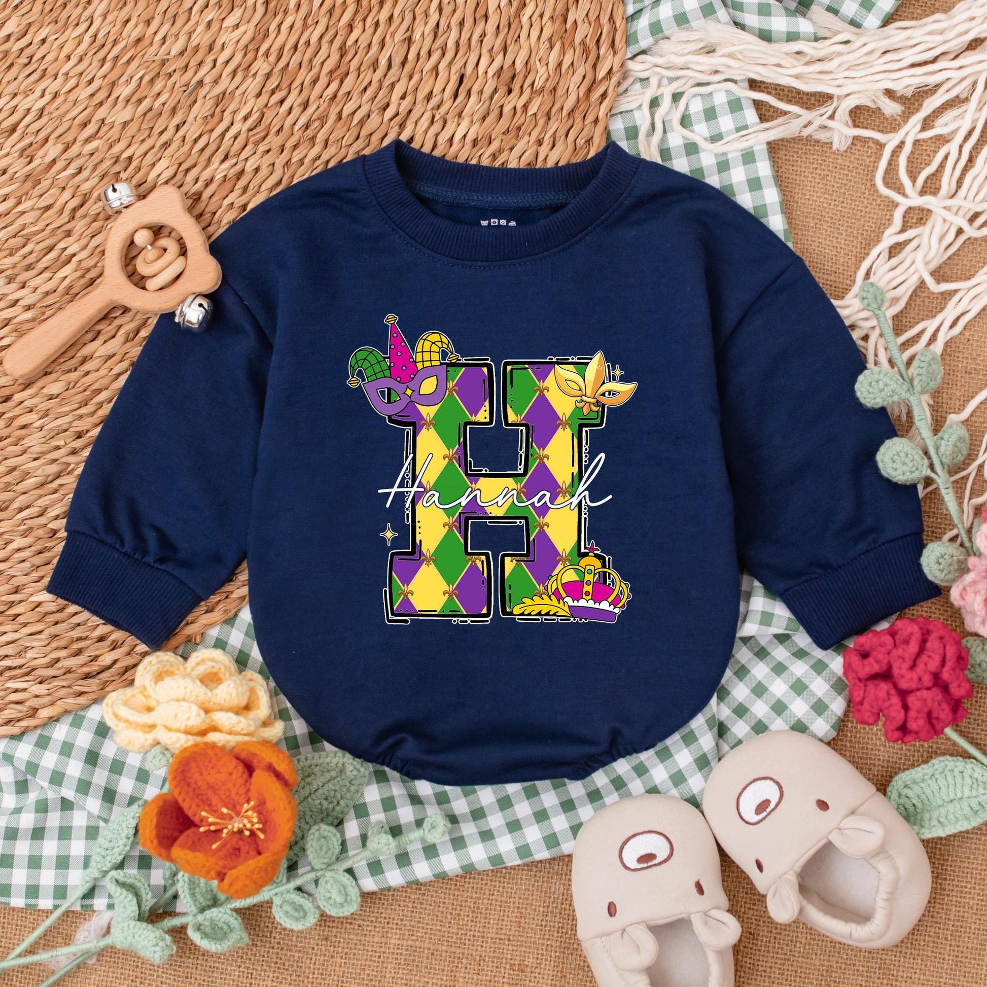Personalized Mardi Gras Baby Romper Cute Sweatshirt Bubble Bodysuit Outfit for Infant Girl or Boy, Festive Celebration Baby Shower Gift