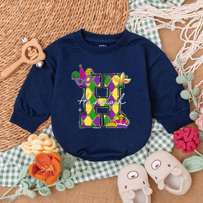 Personalized Mardi Gras Baby Romper Cute Sweatshirt Bubble Bodysuit Outfit for Infant Girl or Boy, Festive Celebration Baby Shower Gift