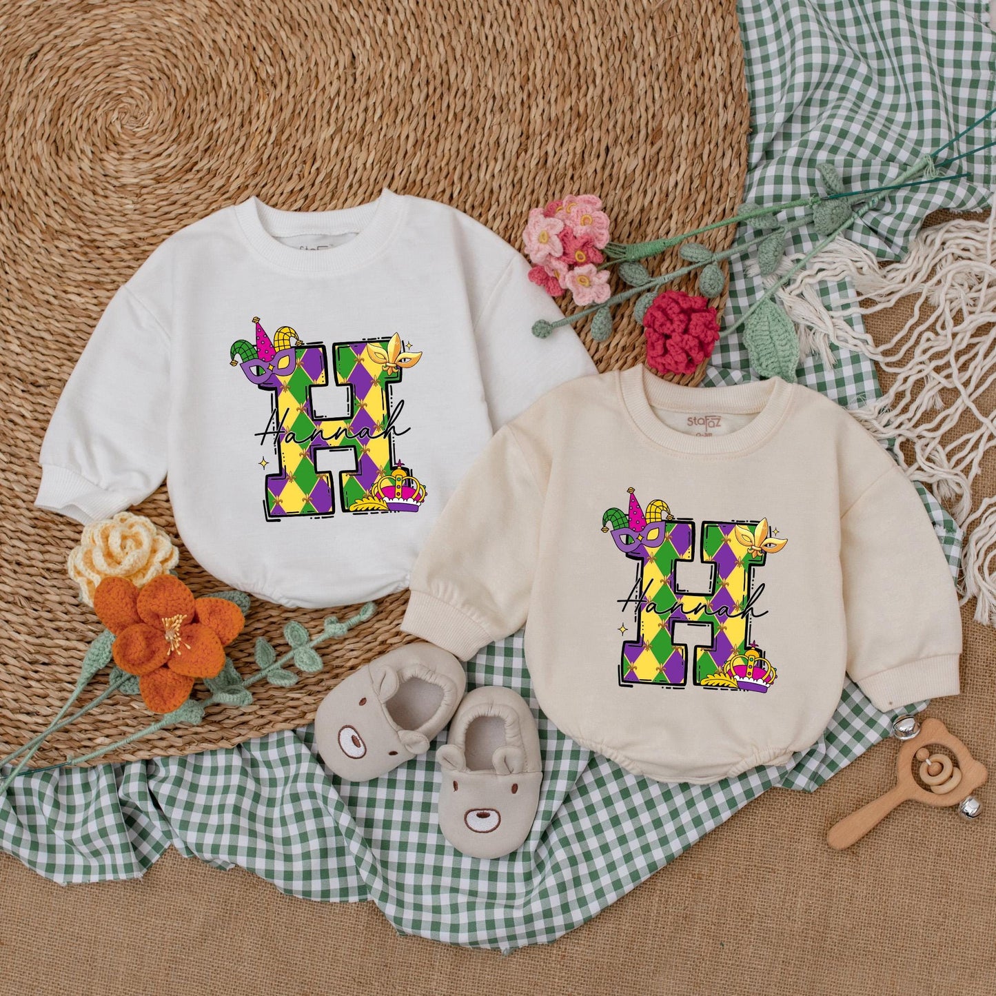 Personalized Mardi Gras Baby Romper Cute Sweatshirt Bubble Bodysuit Outfit for Infant Girl or Boy, Festive Celebration Baby Shower Gift