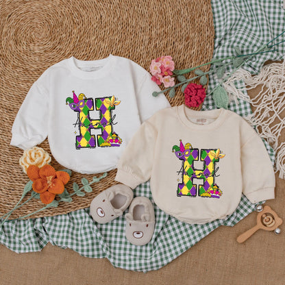 Personalized Mardi Gras Baby Romper Cute Sweatshirt Bubble Bodysuit Outfit for Infant Girl or Boy, Festive Celebration Baby Shower Gift