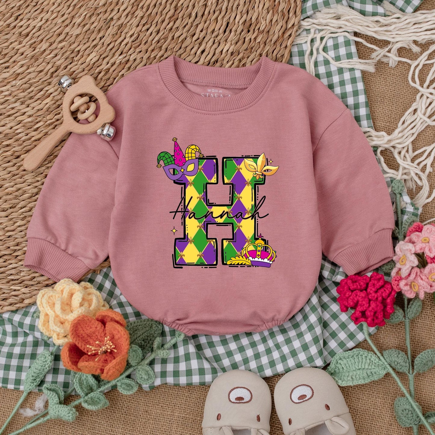 Personalized Mardi Gras Baby Romper Cute Sweatshirt Bubble Bodysuit Outfit for Infant Girl or Boy, Festive Celebration Baby Shower Gift