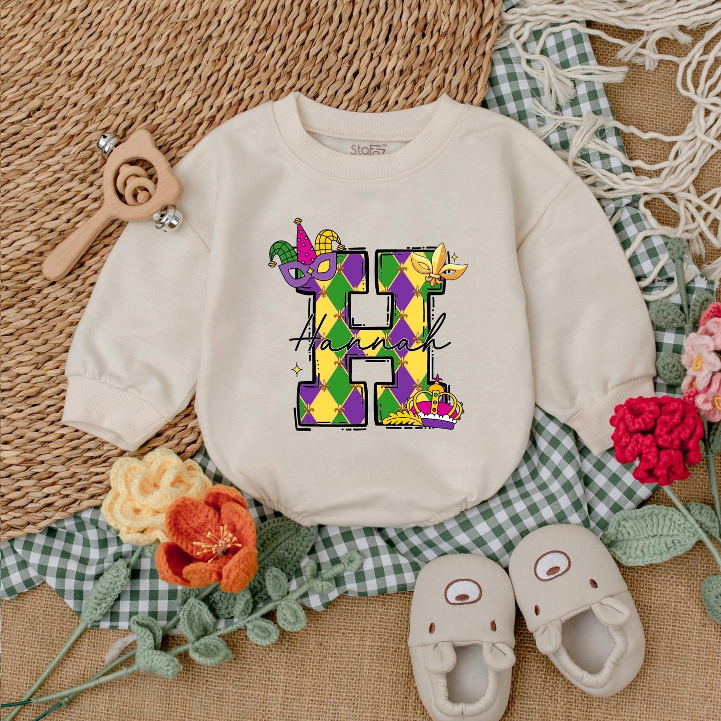 Personalized Mardi Gras Baby Romper Cute Sweatshirt Bubble Bodysuit Outfit for Infant Girl or Boy, Festive Celebration Baby Shower Gift