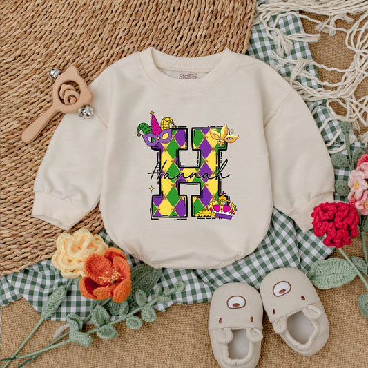 Personalized Mardi Gras Baby Romper Cute Sweatshirt Bubble Bodysuit Outfit for Infant Girl or Boy, Festive Celebration Baby Shower Gift