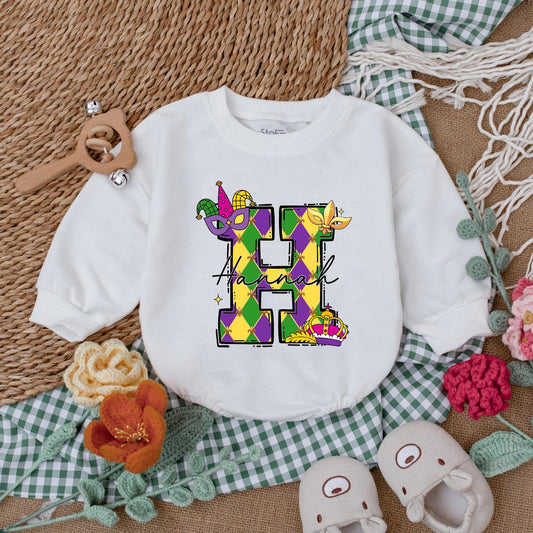 Personalized Mardi Gras Baby Romper Cute Sweatshirt Bubble Bodysuit Outfit for Infant Girl or Boy, Festive Celebration Baby Shower Gift