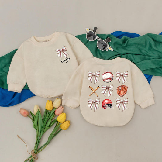 Personalized Baby Girl Retro Baseball Bubble Romper with Bow, a Natural Bubble Romper comfy for Game Day Season, Birthday, or Kid Gift