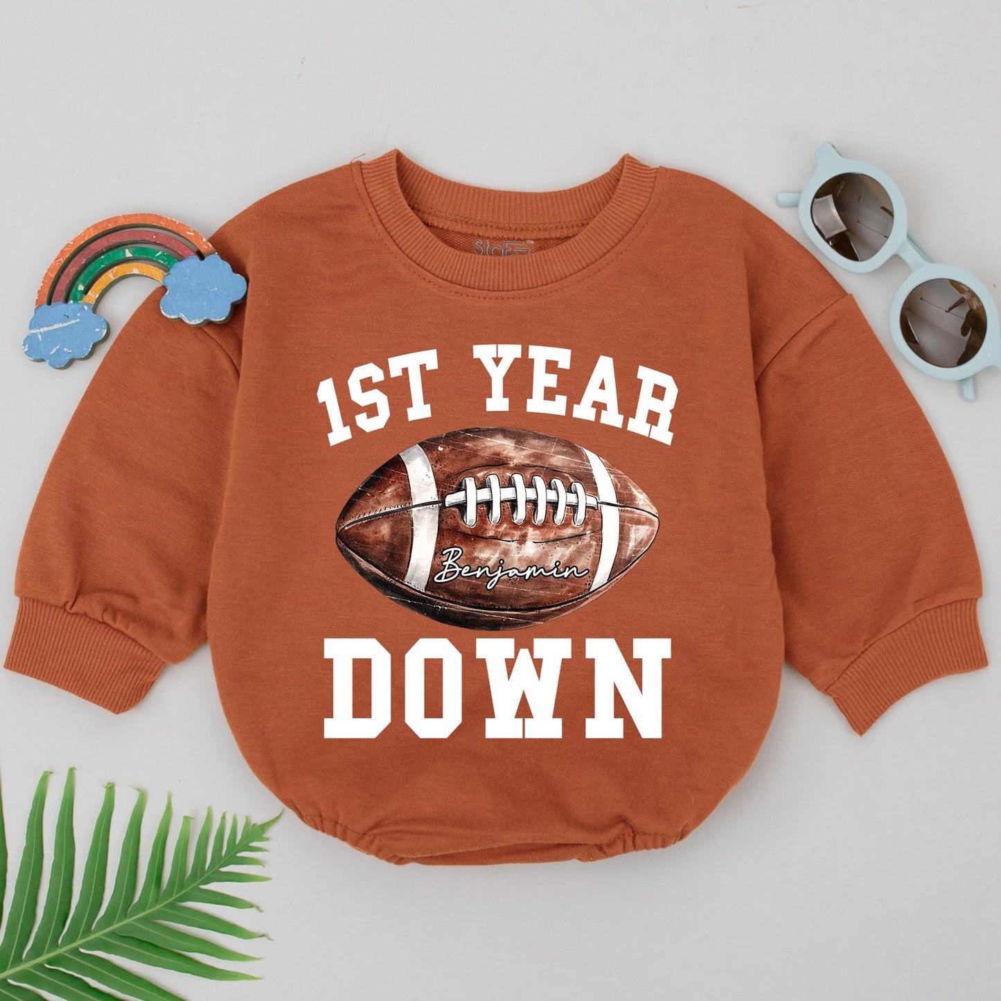 Football First Birthday Romper for Baby Boy, Personalized 1st Year Down Outfit, Football Birthday Party, Newborn Coming Home Gift