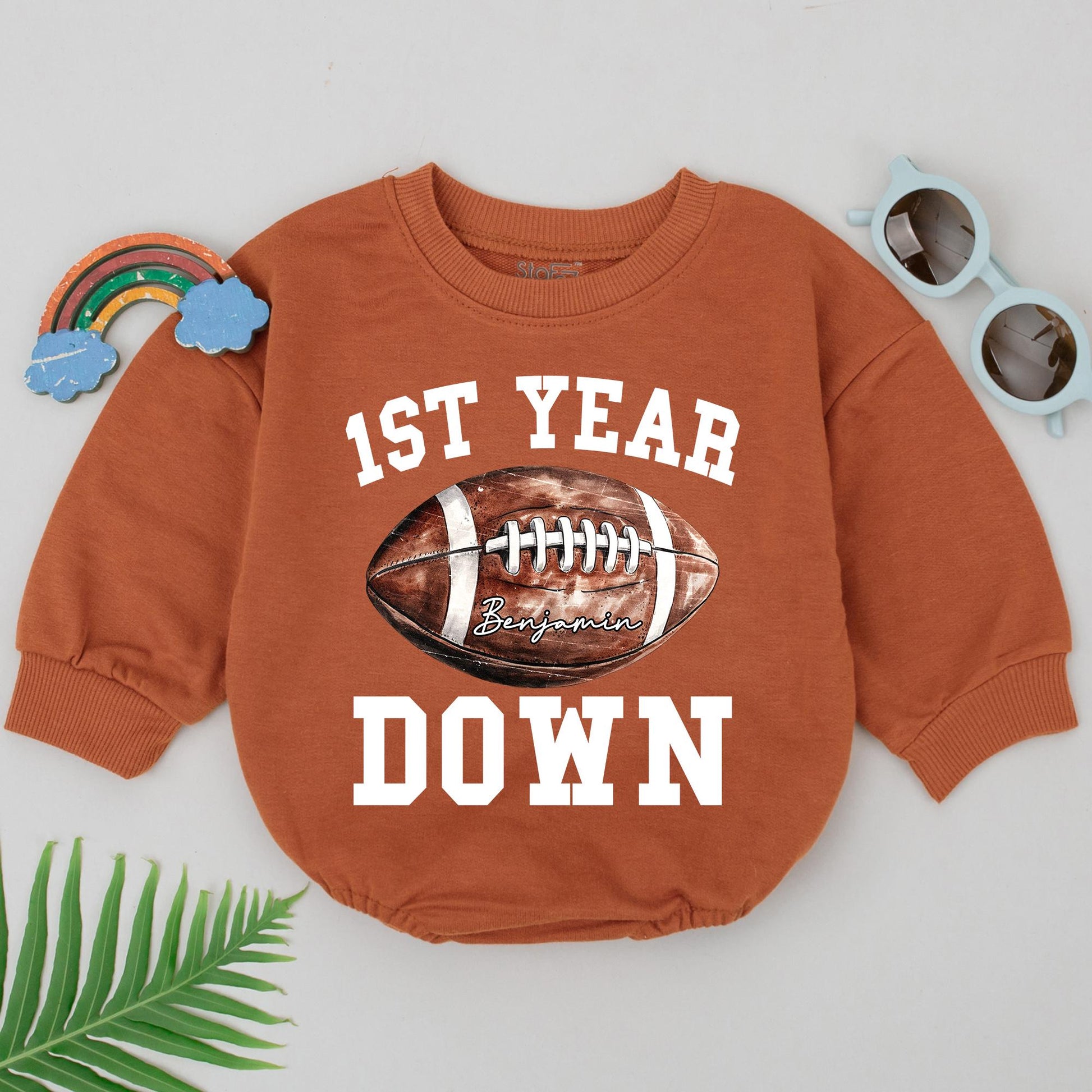 Football First Birthday Romper for Baby Boy, Personalized 1st Year Down Outfit, Football Birthday Party, Newborn Coming Home Gift