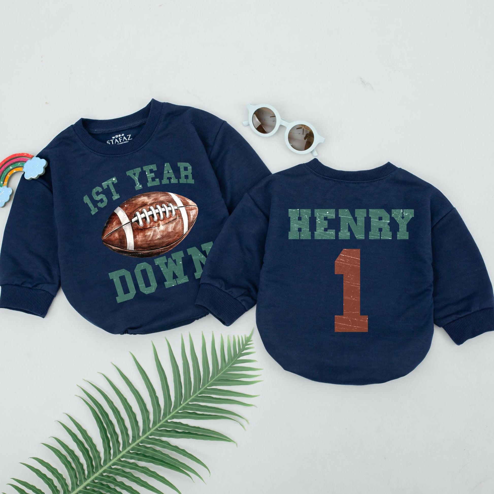 First Year Down Birthday Romper for Baby Boys, Football 1st Birthday Outfit, Newborn Bodysuit, Sports Party Clothes