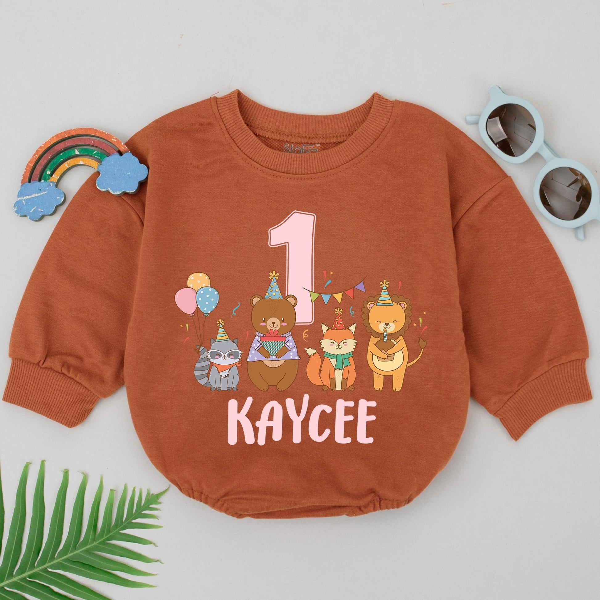 KAYCEE Personalized Zoo Animals Birthday Romper Wild One Safari Party Bubble Outfit