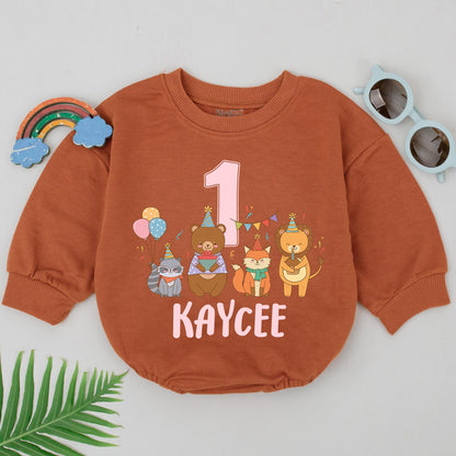 KAYCEE Personalized Zoo Animals Birthday Romper Wild One Safari Party Bubble Outfit