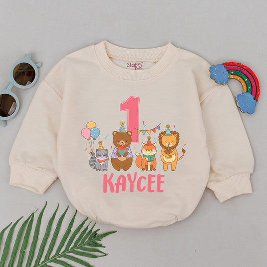 KAYCEE Personalized Zoo Animals Birthday Romper Wild One Safari Party Bubble Outfit