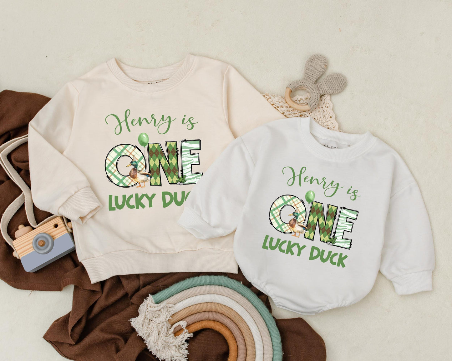 Custom One Lucky Duck Baby Romper First Birthday Outfit featuring a sweet Mallard Duck design, a unique gift for baby boys and girls