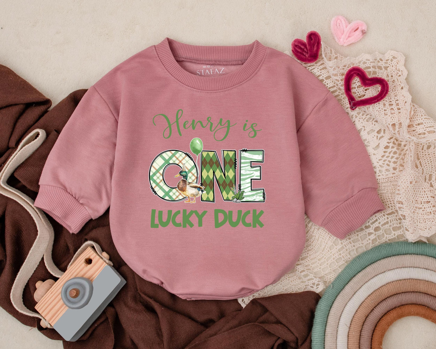 Custom One Lucky Duck Baby Romper First Birthday Outfit featuring a sweet Mallard Duck design, a unique gift for baby boys and girls