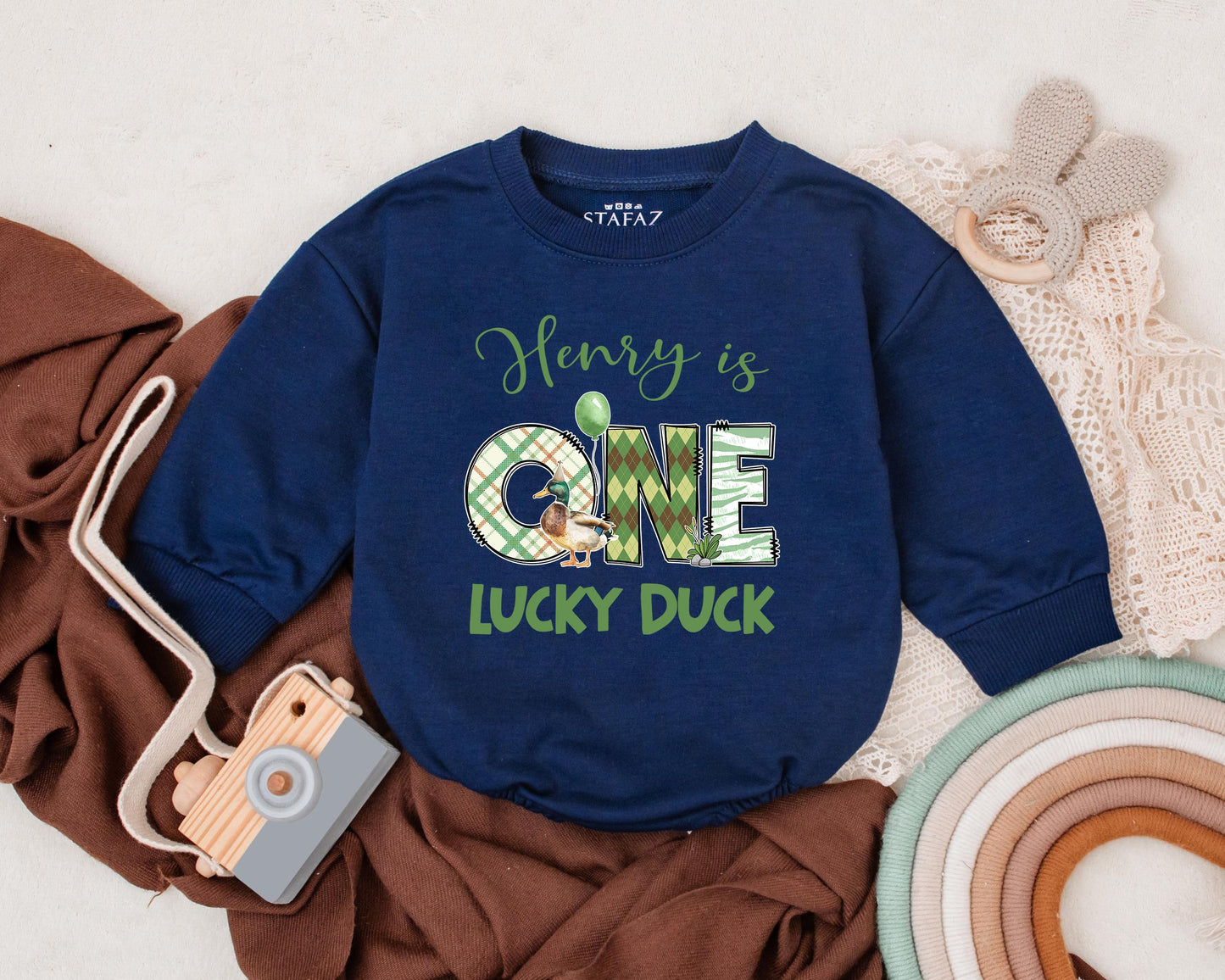 Custom One Lucky Duck Baby Romper First Birthday Outfit featuring a sweet Mallard Duck design, a unique gift for baby boys and girls