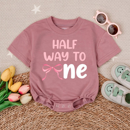 Half Way To One Bubble Romper Pink Bow Birthday Outfit Baby Girl 6 Months Half Birthday Celebration Clothing Cotton Soft Comfortable Party Gift