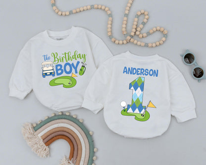 Hole in One Golf Theme First Birthday Romper for Baby Boy Cake Smash Outfit, adorable sports party clothes soft comfortable golf lover gift.