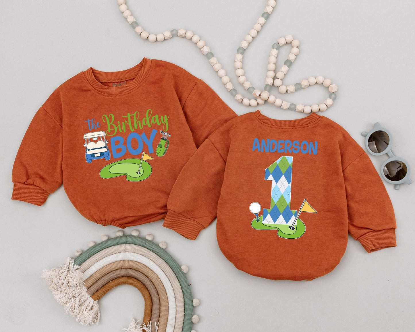 Hole in One Golf Theme First Birthday Romper for Baby Boy Cake Smash Outfit, adorable sports party clothes soft comfortable golf lover gift.