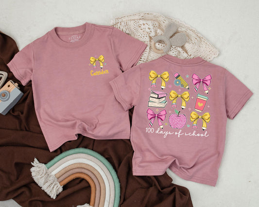 100 Days of School Cute Pencil Shirt Personalized Name Back to School Kindergarten Rainbow Apple Kids Tee