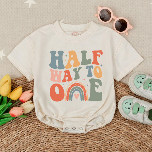 Half Way To One Bubble Romper for Baby Girl Boho Minimalist Outfit 1st Birthday Celebration Gift