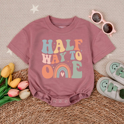 Half Way To One Bubble Romper for Baby Girl Boho Minimalist Outfit 1st Birthday Celebration Gift