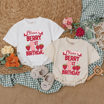 Sweet Berry First Birthday Bubble Romper for Baby Girls Strawberry Outfit Custom Name Sweet One Celebration