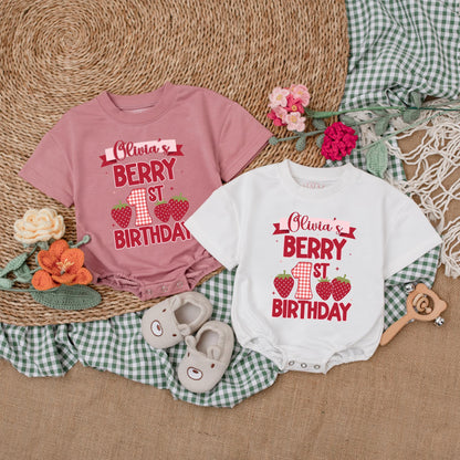 Sweet Berry First Birthday Bubble Romper for Baby Girls Strawberry Outfit Custom Name Sweet One Celebration