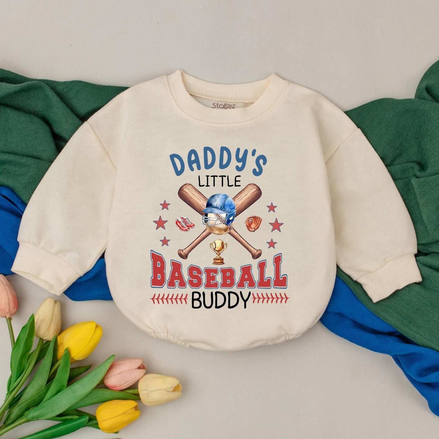 Daddy's Little Baseball Buddy Romper - Retro Game Day Baby Girl Outfit, Natural Bubble Romper, Gameday Season Kid Gift