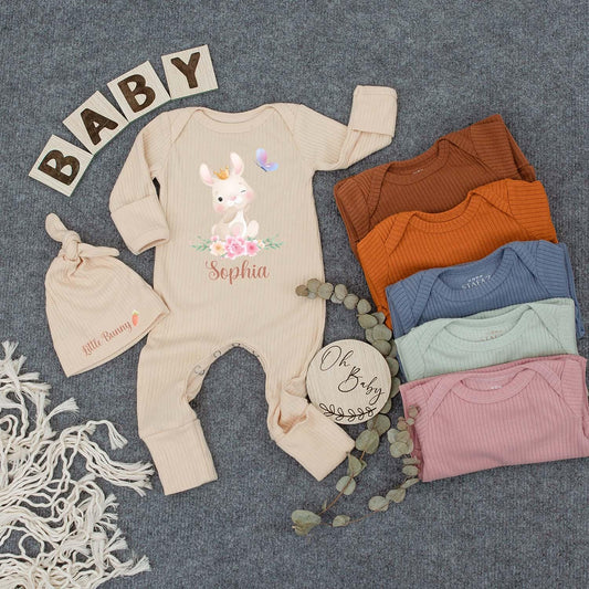 Sophia's Bunny & Crown Baby Bodysuit Set, Personalized Floral Outfit, Honey Bunny Newborn Gift, Easter Day Bodysuit, Custom Baby Clothes, Girl Outfit