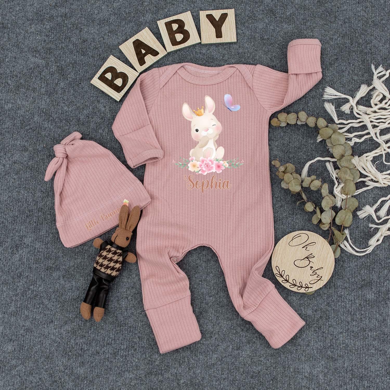 Sophia's Bunny & Crown Baby Bodysuit Set, Personalized Floral Outfit, Honey Bunny Newborn Gift, Easter Day Bodysuit, Custom Baby Clothes, Girl Outfit