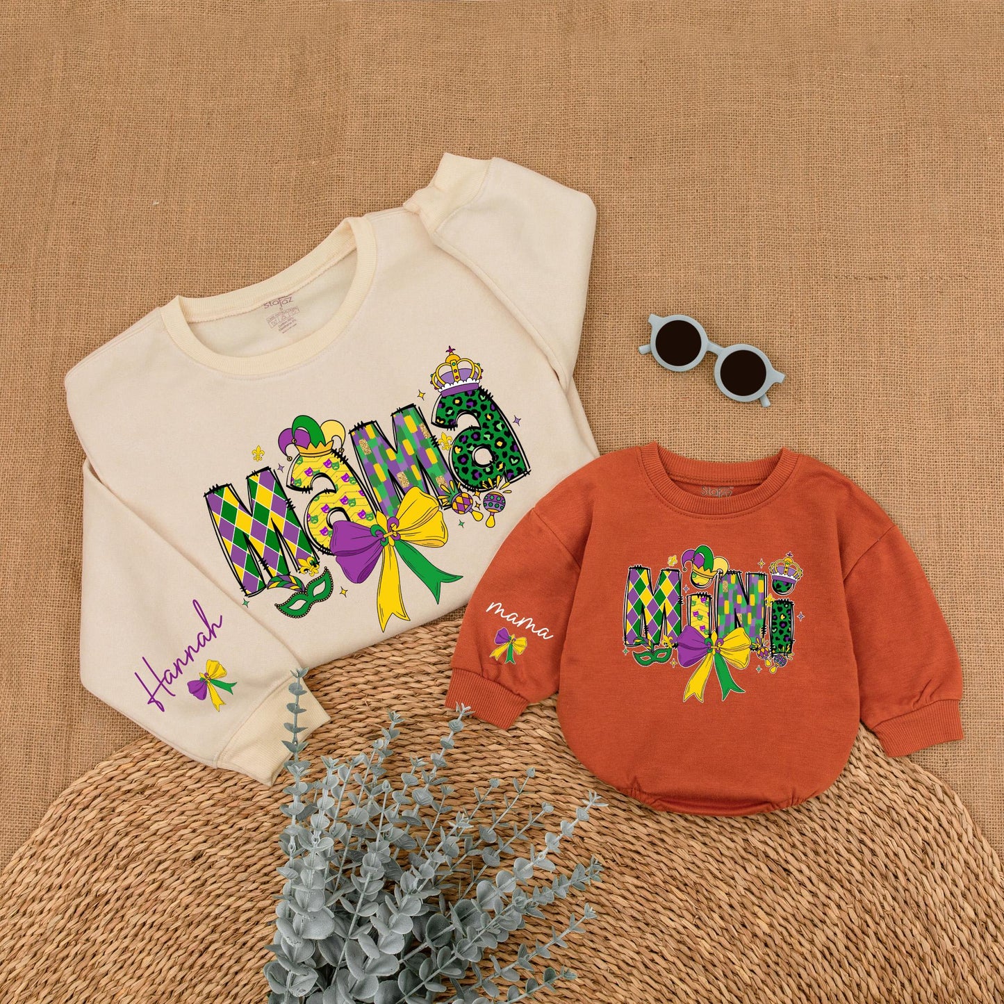 Personalized Mardi Gras Mama and Mini Sweatshirt Matching Family Sweaters Custom Mom Baby Gifts