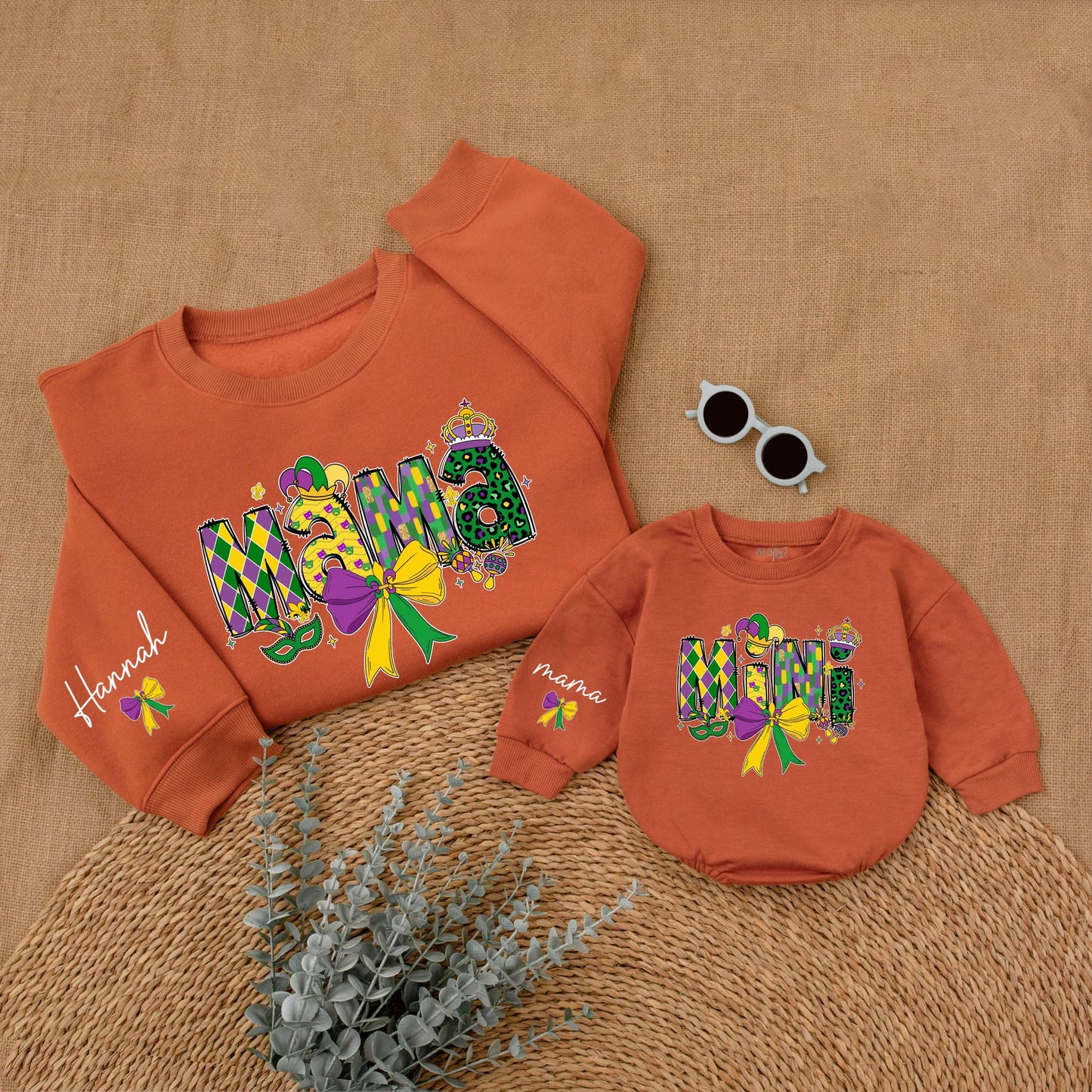 Personalized Mardi Gras Mama and Mini Sweatshirt Matching Family Sweaters Custom Mom Baby Gifts