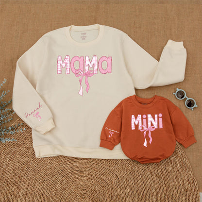 Personalized Pink Bow Mama and Mini Matching Sweatshirt Comfortable Mother Daughter Soft Warm Sweater Gift for Moms and Babies