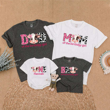 Matching Cow Print Birthday Shirts for Girls: MOM, DAD, SIS, ONE Farm Birthday Girl Outfit - Western Theme, Baby Girl First Birthday