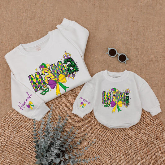 Personalized Mardi Gras Mama and Mini Sweatshirt Matching Family Sweaters Custom Mom Baby Gifts