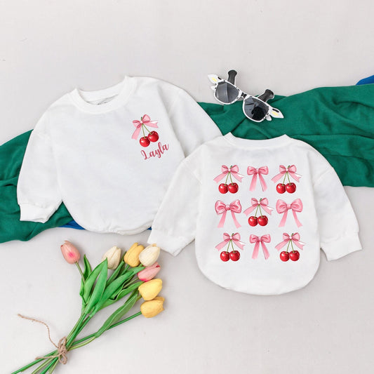 Sweet Cherries Cherry Pink Bow Romper Baby Girl Bodysuit Personalized First Birthday Outfit Custom Newborn Shower Gift