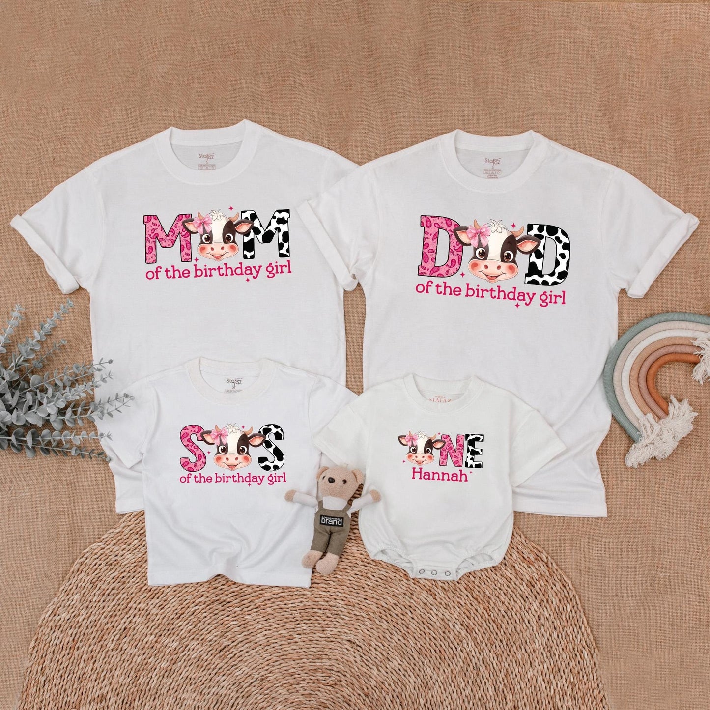 Matching Cow Print Birthday Shirts for Girls: MOM, DAD, SIS, ONE Farm Birthday Girl Outfit - Western Theme, Baby Girl First Birthday