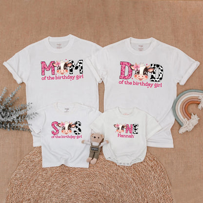 Matching Cow Print Birthday Shirts for Girls: MOM, DAD, SIS, ONE Farm Birthday Girl Outfit - Western Theme, Baby Girl First Birthday