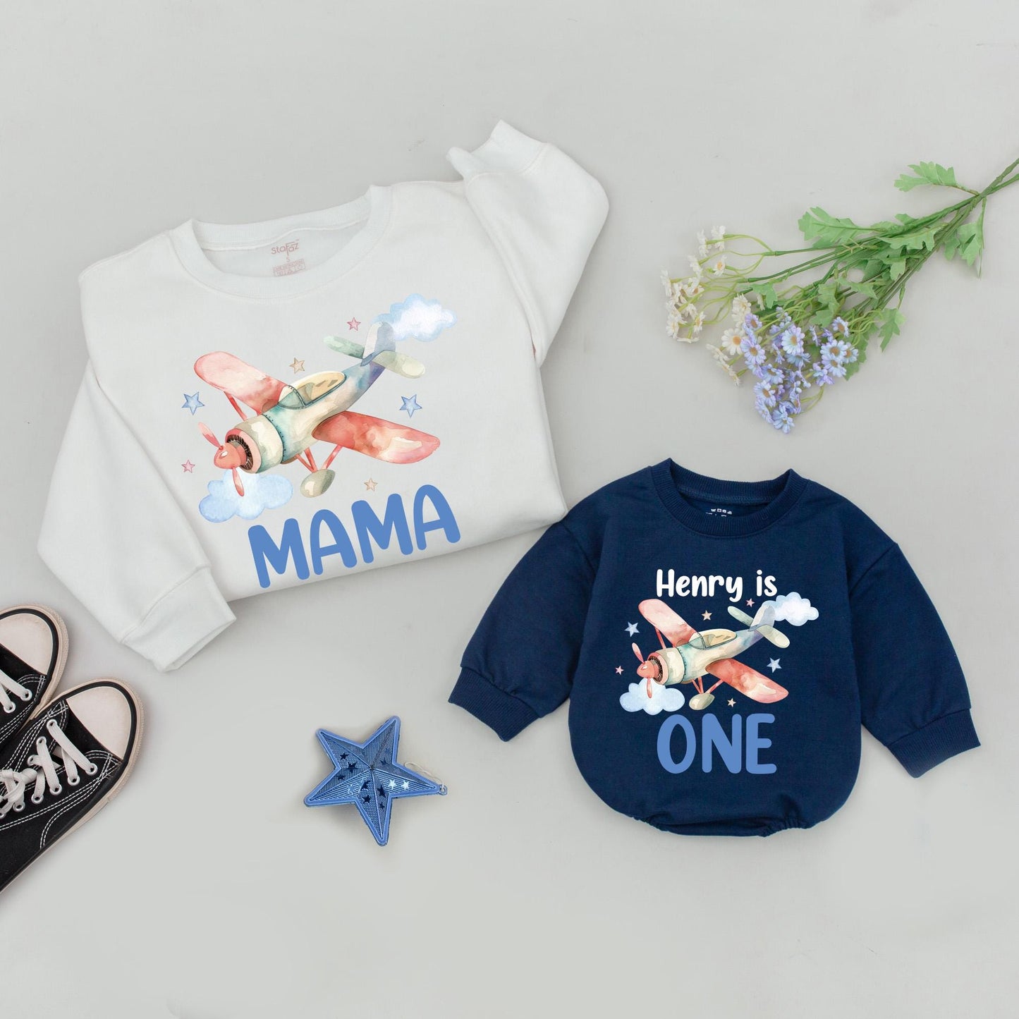 Time Flies First Birthday Family Sweatshirt Flying into One Bodysuit Airplane Birthday Party Crew Shirt